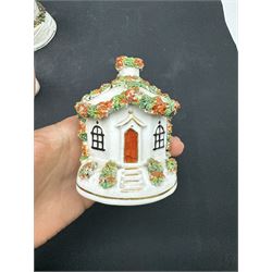 Group of five 19th century Staffordshire pastille burners, modelled as various buildings, largest example H17cm