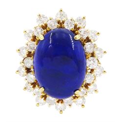 18ct gold lapis lazuli and diamond cluster ring, single oval cut lapis lazuli with two row...