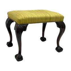 Georgian design mahogany cabriole stool, rectangular top upholstered in green fabric, on scrolled acanthus leaf carved cabriole supports with ball and claw feet