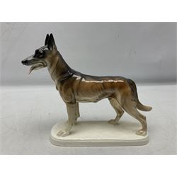 Two Hertwig and Co Katzhutte figures of dogs, comprising a German Shepherd and a pointer dog, both with printed marks beneath, largest H21.5cm W25cm