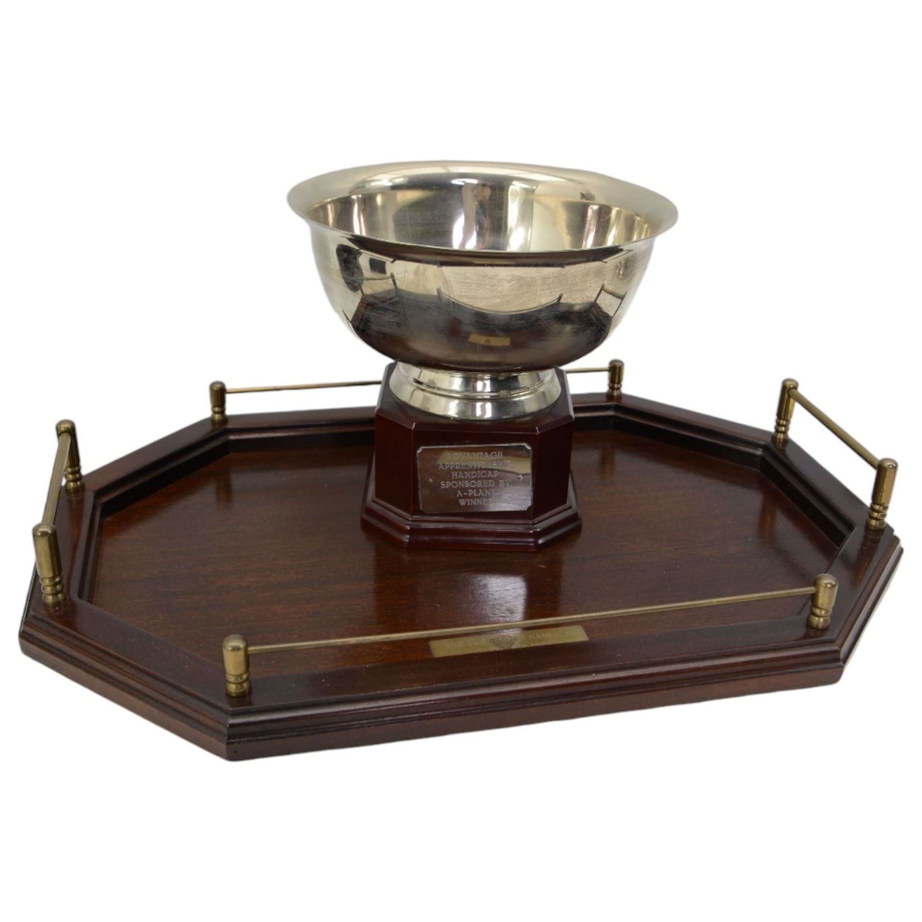 Large plated quaiche with Ayr racecourse inscription D23cm, plated challenge cup and cover 'Sandown Park', and other plated items variously engraved 