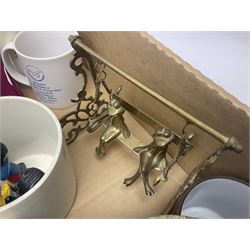 Commemorative ware, including mugs, shots glasses, plates and book etc, together with a ceramic shire horse and wooden cart, four Leonardo blue and white tea pots, and a collection of other ceramics and glassware, in three boxes 