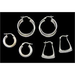 Three pairs of 9ct white gold hoop earrings, stamped or hallmarked