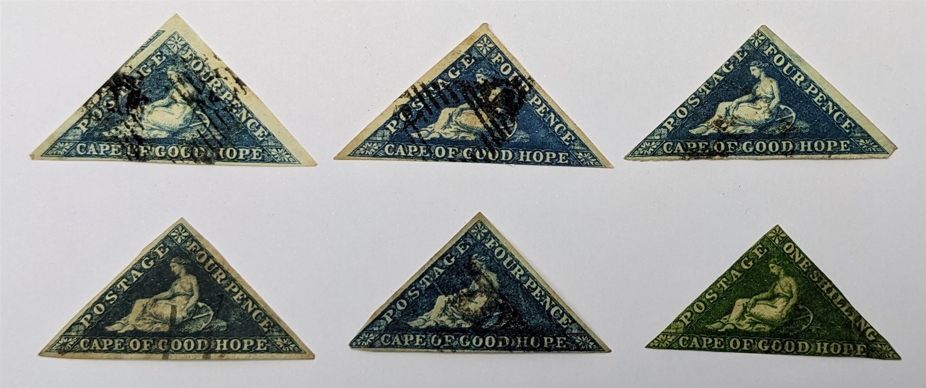 Cape of Good Hope triangle stamps, comprising five four pence and one shilling (6)