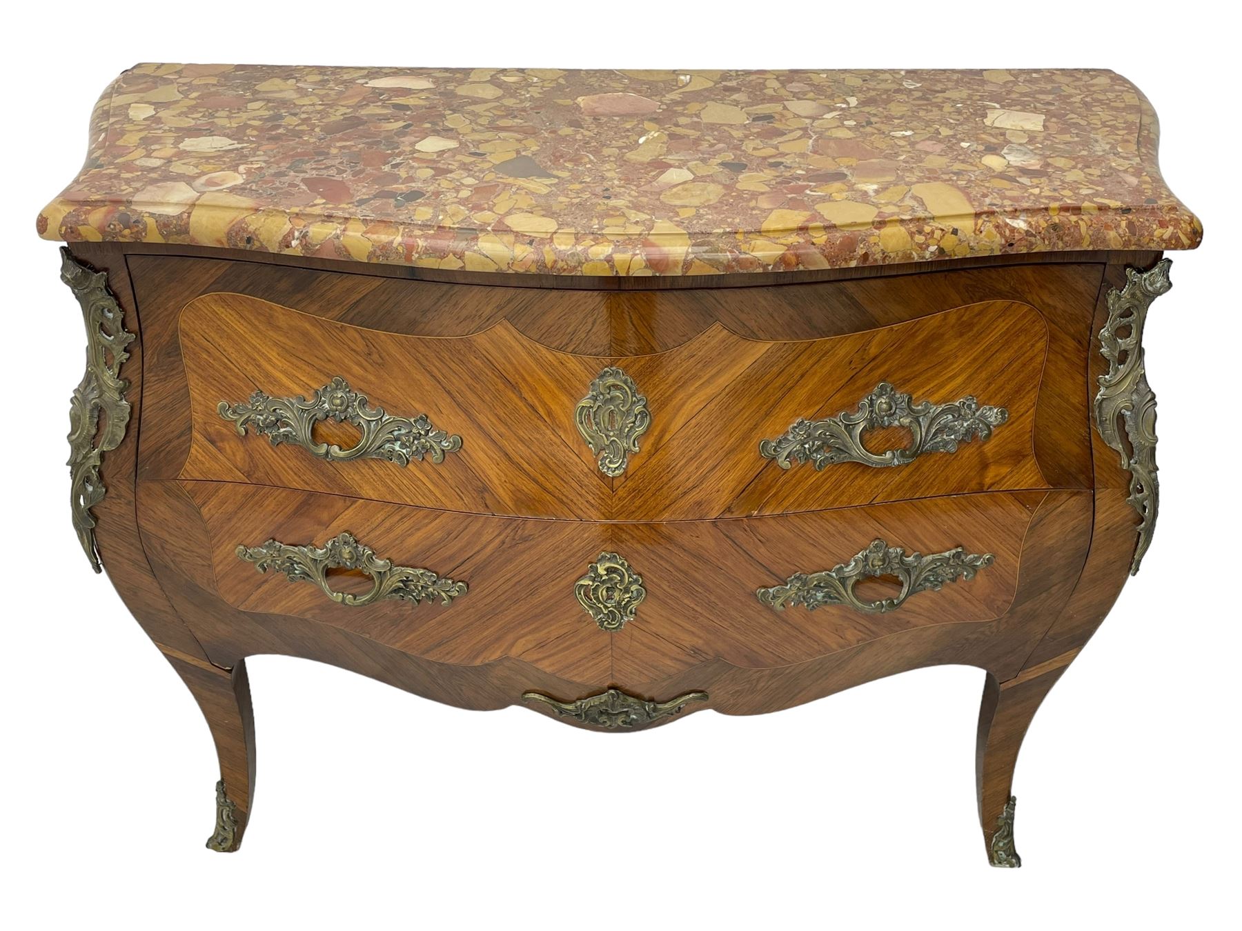 Late 20th century Louis XV design Kingwood and rosewood bombe commode chest, shaped ovolo-moulded variegated marble top, fitted with two drawers, scrolling foliate cast gilt metal handles and mounts