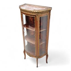 Late 19th to early 20th century French Kingwood and gilt metal mounted vitrine display cabinet, red variegated marble top with raised gilt metal gallery, the frieze decorated with scrolling leafy branches, enclosed by single glazed door, fabric lined interior fitted with two internal shelves, on cabriole feet