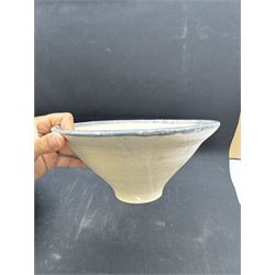 Studio pottery bowl of conical form, with blue band to the rim, together with Arwyn Jones dish, D20cm