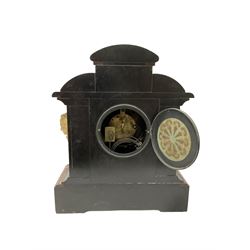 French - late 19th century 8-day Belgium slate mantle clock with incised decoration and contrasting rouge marble inlay, with a gilt repoussé panel to the front and cast cryatid to the sides, two part dial with a gilt centre, Arabic numerals, minute markers and brass fleur di Lis hands, twin train rack striking movement, striking the hours and half hours on a coiled gong. With pendulum. 