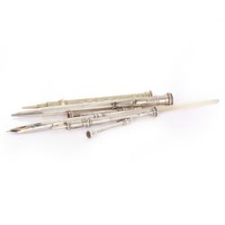 Five mechanical pencils including silver plated examples, together with a collagraphy pen with silver collar