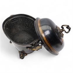 Victorian toleware coal bucket and cover, of oval form, painted with gilt bands on a black ground, with scrolled cast iron handles and feet H47cm 