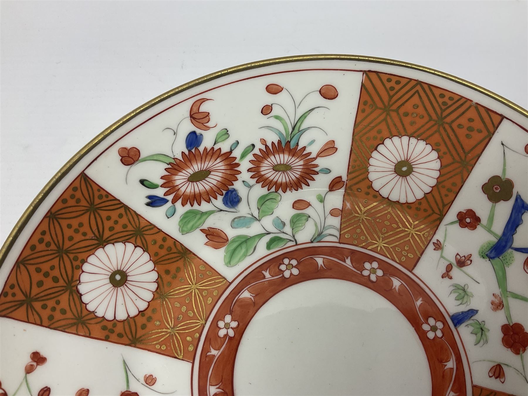 Three 18th century Worcester desert dishes, the first example decorated in the Scarlet Japan pattern, circa 1790, painted with alternating panels of Kakiemon style prunus blossom and chrysanthemum, and orange ground panels with gilt fret detail, D19cm, the second example, circa 1770, decorated with Kakiemon style chrysanthemums and foliage within shaped reserves upon a blue scale ground, with fretted square pseudo mark beneath, D19cm, and the third, circa 1770, painted with polychrome floral sprays and sprigs, D20cm