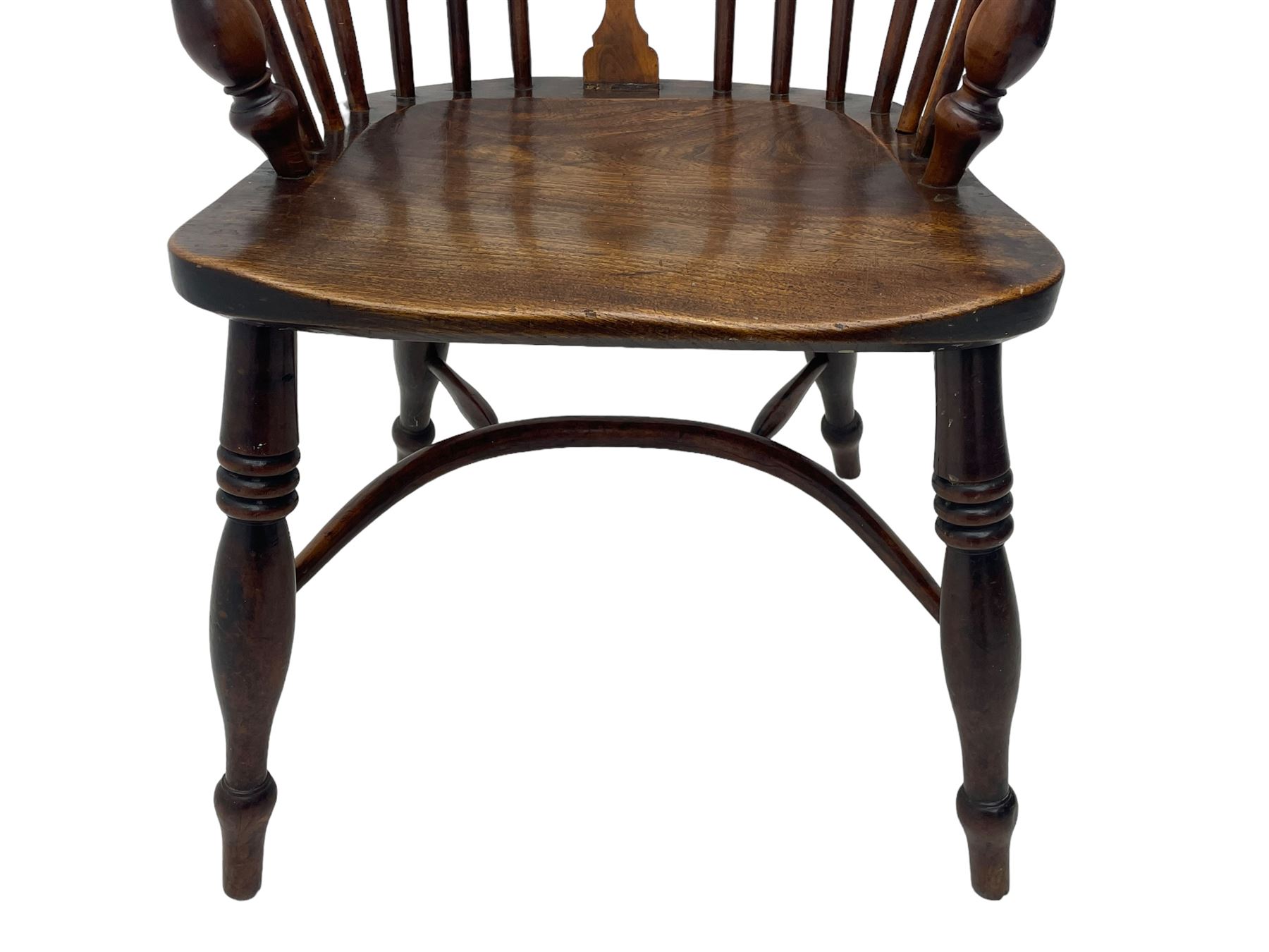 19th century yew wood and elm Windsor armchair, low double hoop stick and pierced splat back, dished seat on turned supports united by crinoline stretchers