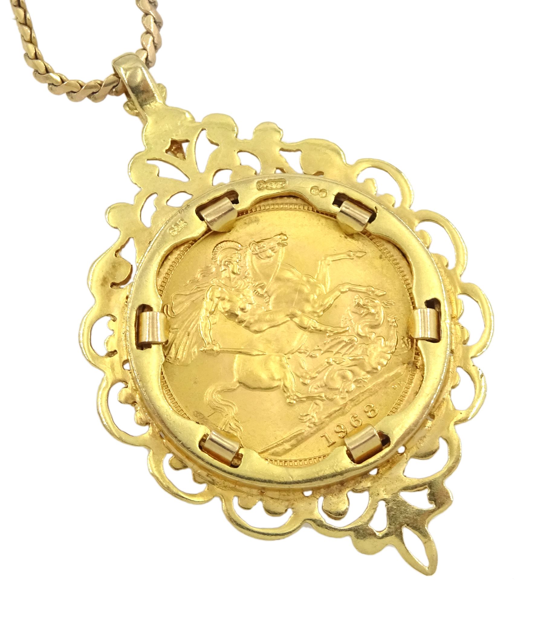 Queen Elizabeth II 1968 gold full sovereign coin, loose mounted in gold pendant, on gold flattened link chain necklace, both hallmarked 9ct