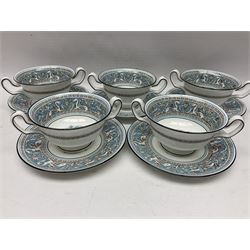 Six Wedgwood Florentine pattern twin handled soup bowls and saucers 