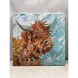 Ann Lamb (British 1955-): Windswept Highland Cow, mixed media on canvas signed 48cm x 48cm