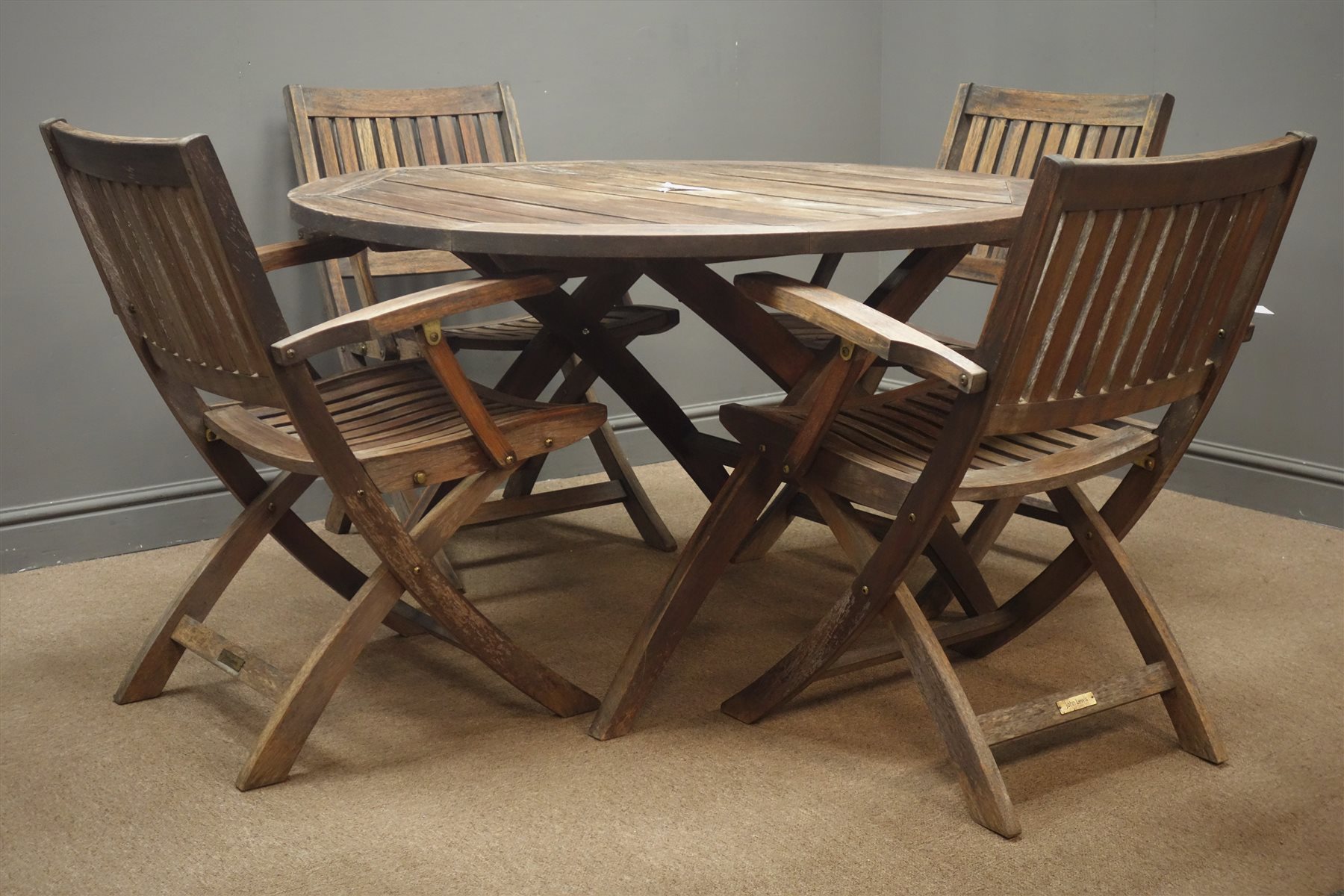 John Lewis Circular Wooden Garden Table W125cm H73cm And Set Four Folding Armchairs Antiques Interiors