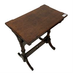 Late Victorian walnut ecclesiastical side table, rectangular top with stop chamfered edge, on turned supports united by rectangular stretcher pierced with trefoil, on splayed feet 