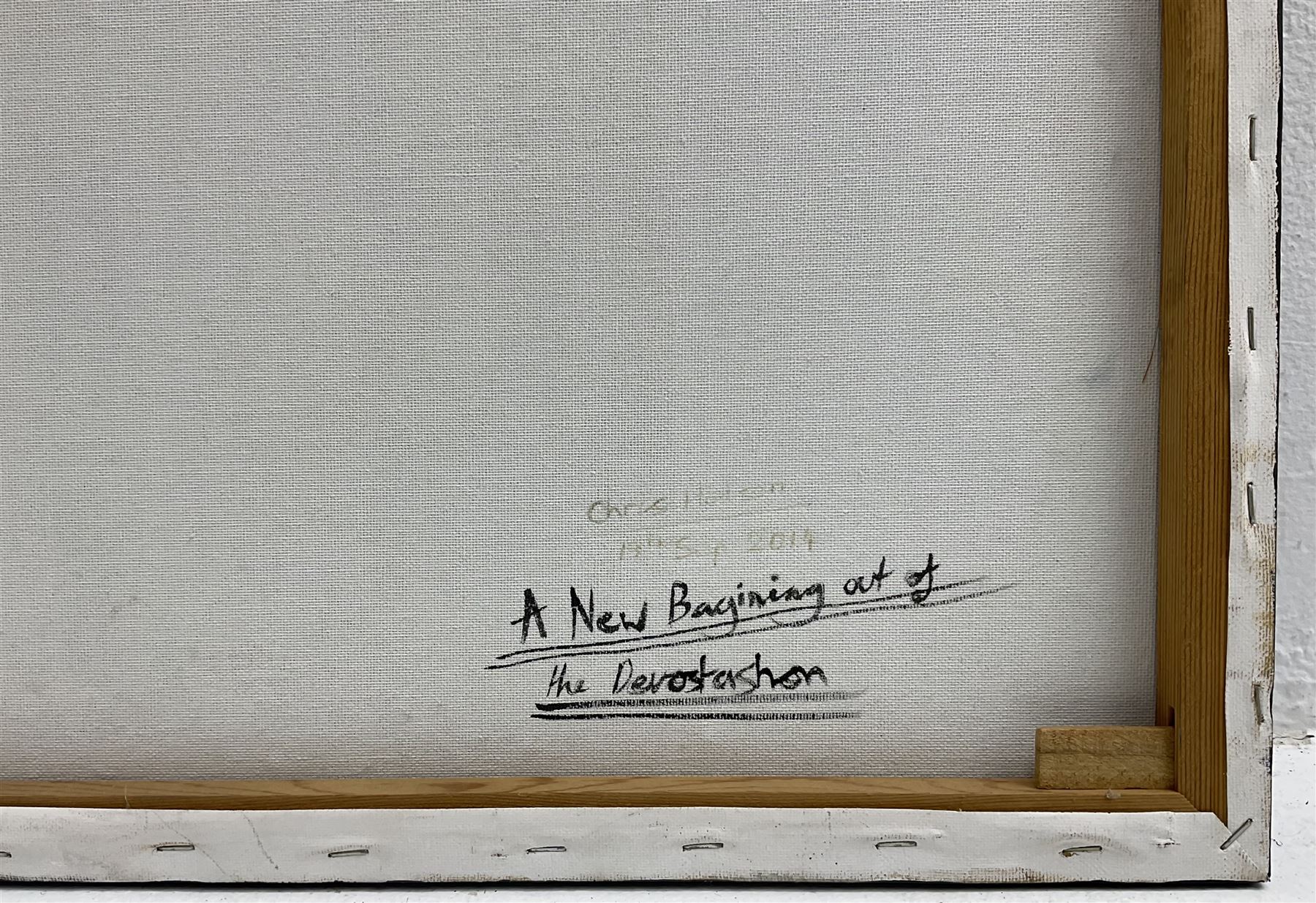 Chris Hudson (British Contemporary): 'A New Beginning of Devastation', oil on canvas signed titled and dated 2014 verso 60cm x 50cm (unframed)