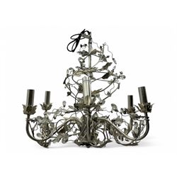 India Jane - silver finish metal chandelier, modelled with scrolling vines and leaves, emb...