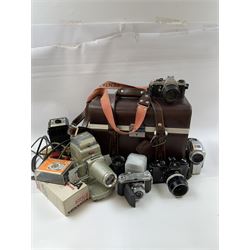 Collection of cameras and equipment, including Nikon Nikkormat camera body serial no W7543712, with 'Micro-Nikkor Auto 1:3.5 f=55mm' lens serial no 195272, Nikon F5 MF-28 Multi control Back, etc  