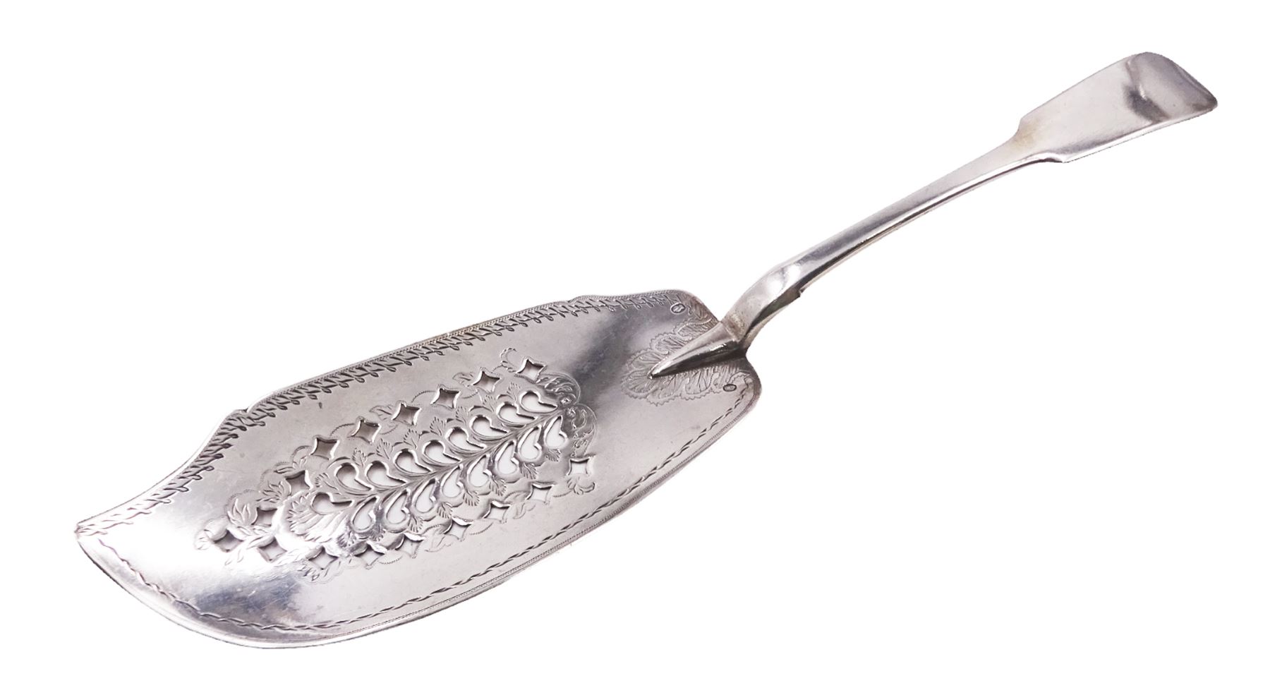 George IV Irish silver Fiddle pattern fish slice, with pierced blade, hallmarked William Cummins, Dublin 1826, L31.5cm