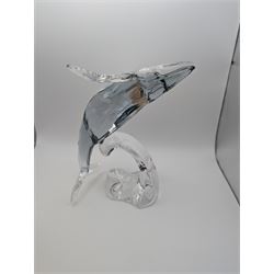 Swarovski Crystal humpback whale, Paikea, with crystal name plaque and a Swarovski Crystal penguin, whale H16cm