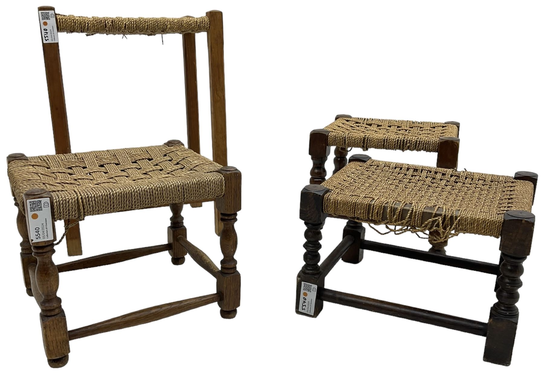 Set of three oak framed stools, woven cord seats on turned supports; together with another taller (H55cm) (4)