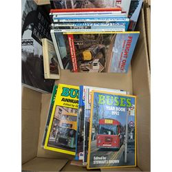 Railway and transport reference books, including several editions of Buses Year Book 1981-1992, in two boxes