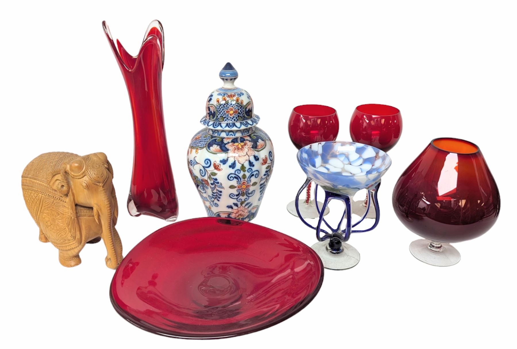 Makkum urn, collection of red art glass including large bowl and a carved wooden elephant, etc