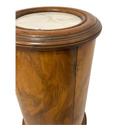 Victorian design walnut cylinder pot cupboard, white marble top in moulded circular frame, single door enclosing shelf, on moulded plinth base 