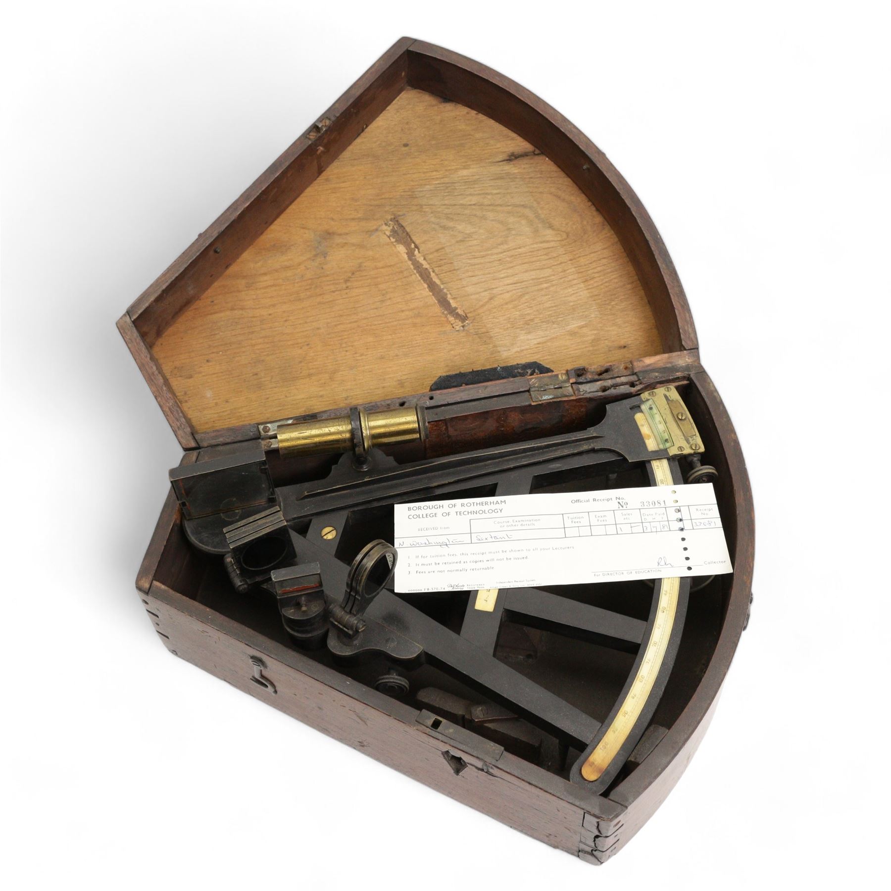 19th century ebony and brass sextant by John King, 2 Clare St. Bristol, with ivory scale, in fitted oak case. This item has been registered for sale under Section 10 of the APHA Ivory Act