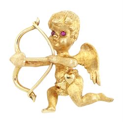 14ct gold cupid brooch, with ruby set eyes, stamped 14K