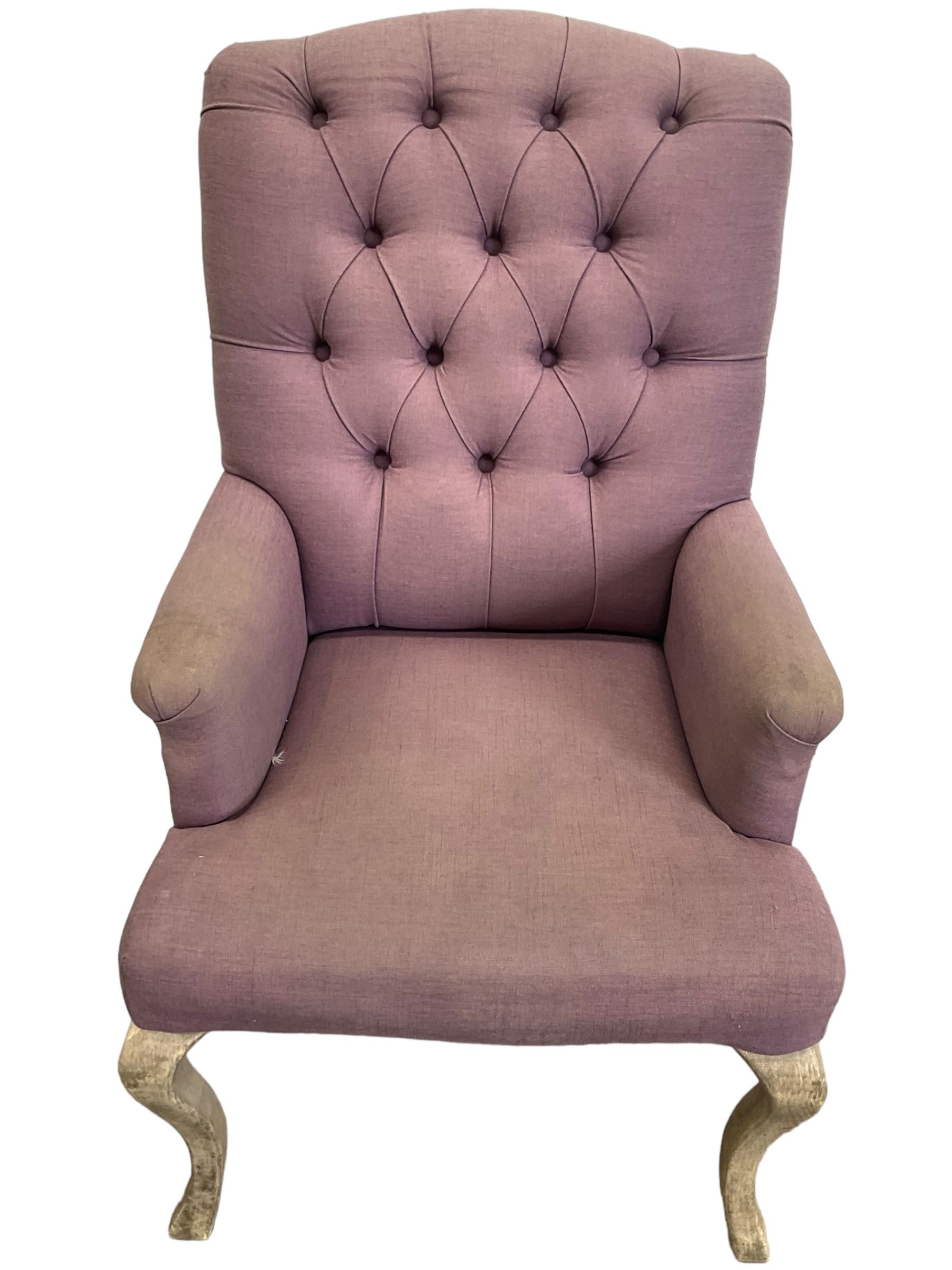 Voyage - four high back armchairs upholstered in buttoned lilac and tweed fabric, painted cabriole legs