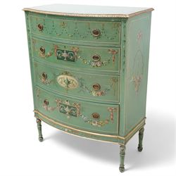 Edwardian Adam Revival green-painted and parcel gilt bowfront chest, moulded and foliate c...