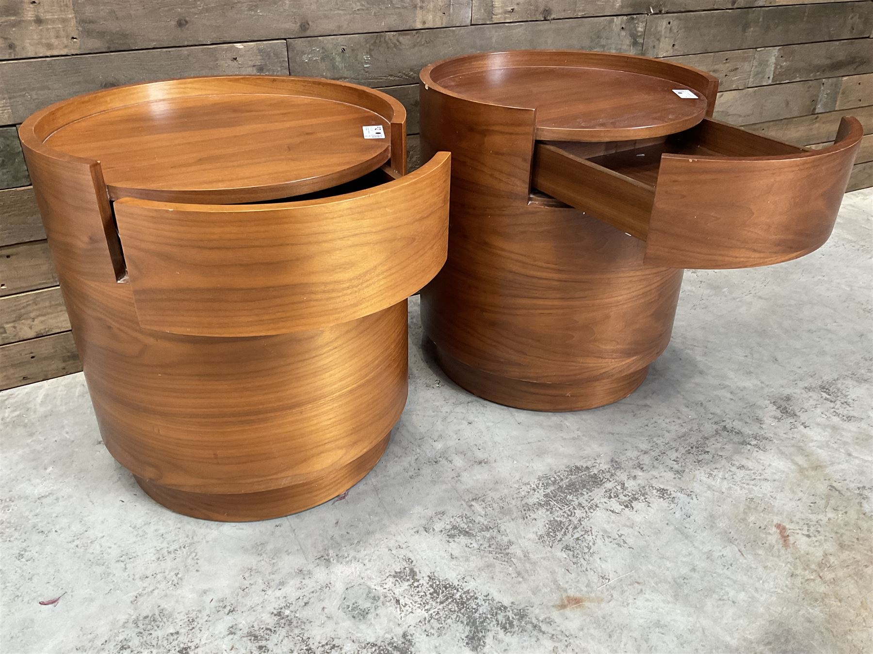 Pair of walnut circular barrel shaped lamp tables, fitted with single drawer