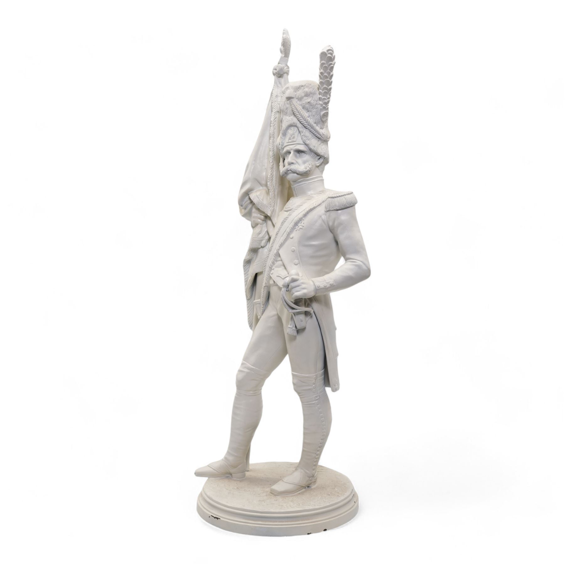 Large painted cast metal model of a Napoleonic Old Guard Grenadier standard bearer, H64cm 