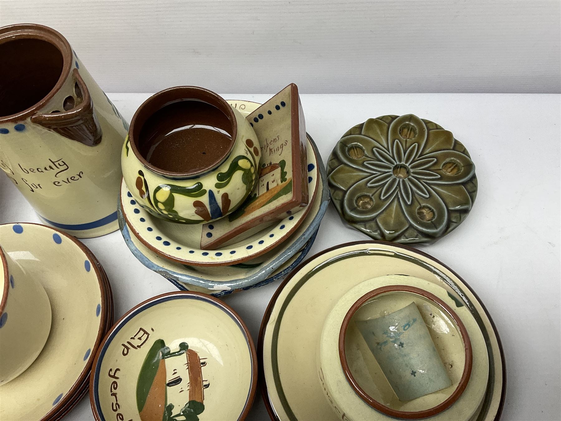 Collection of Motto ware, including cups and saucers, coffee pot, milk jug etc together with studio pottery dishes 