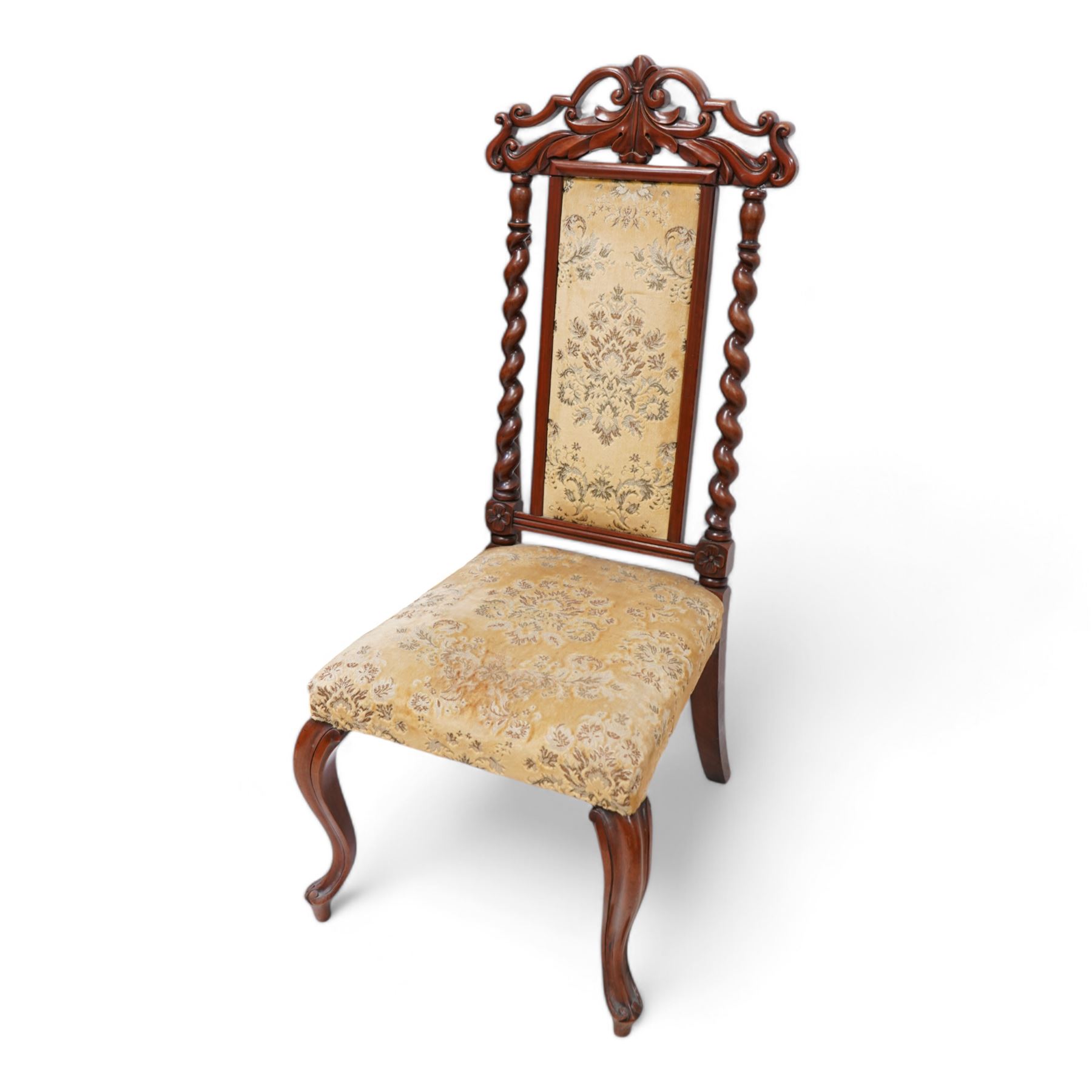 Victorian walnut bedroom chair, pierced and scroll carved pediment over spiral turned supports, upholstered in floral pattern fabric (W44cm, H110cm); early 20th century mahogany stool with upholstered drop-in seat (W71cm); Victorian figured walnut Sutherland table, rectangular drop-leaf top, gate-leg action base on turned supports (91cm x 91cm, H73cm); small walnut drop-leaf Sutherland table (W51cm) (4)