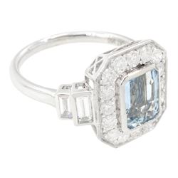 Platinum aquamarine and diamond cluster ring, emerald cut aquamarine of approx 1.40 carat, with milgrain set round brilliant cut diamond surround, each side set with two baguette cut diamonds, hallmarked, total diamond weight approx 1.10 carat