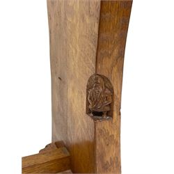 Gnomeman - oak side table, rectangular adzed top over two drawers, on shaped end end supports united by pegged stretcher, carved with gnome signature, by Thomas Whittaker, Littlebeck 