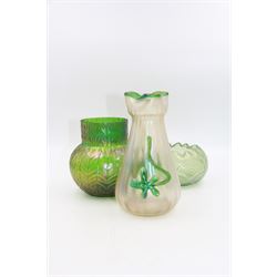 Three Austrian Art Nouveau iridescent glass vases, including a Kralik example of tapering form, with pearlescent lustre body and applied green flower decoration, tallest H18cm