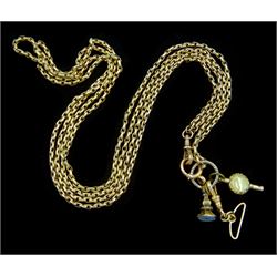 Victorian 9ct gold muff / cable link chain necklace, with gold-plated watch winder and fob and two later 14ct gold clips