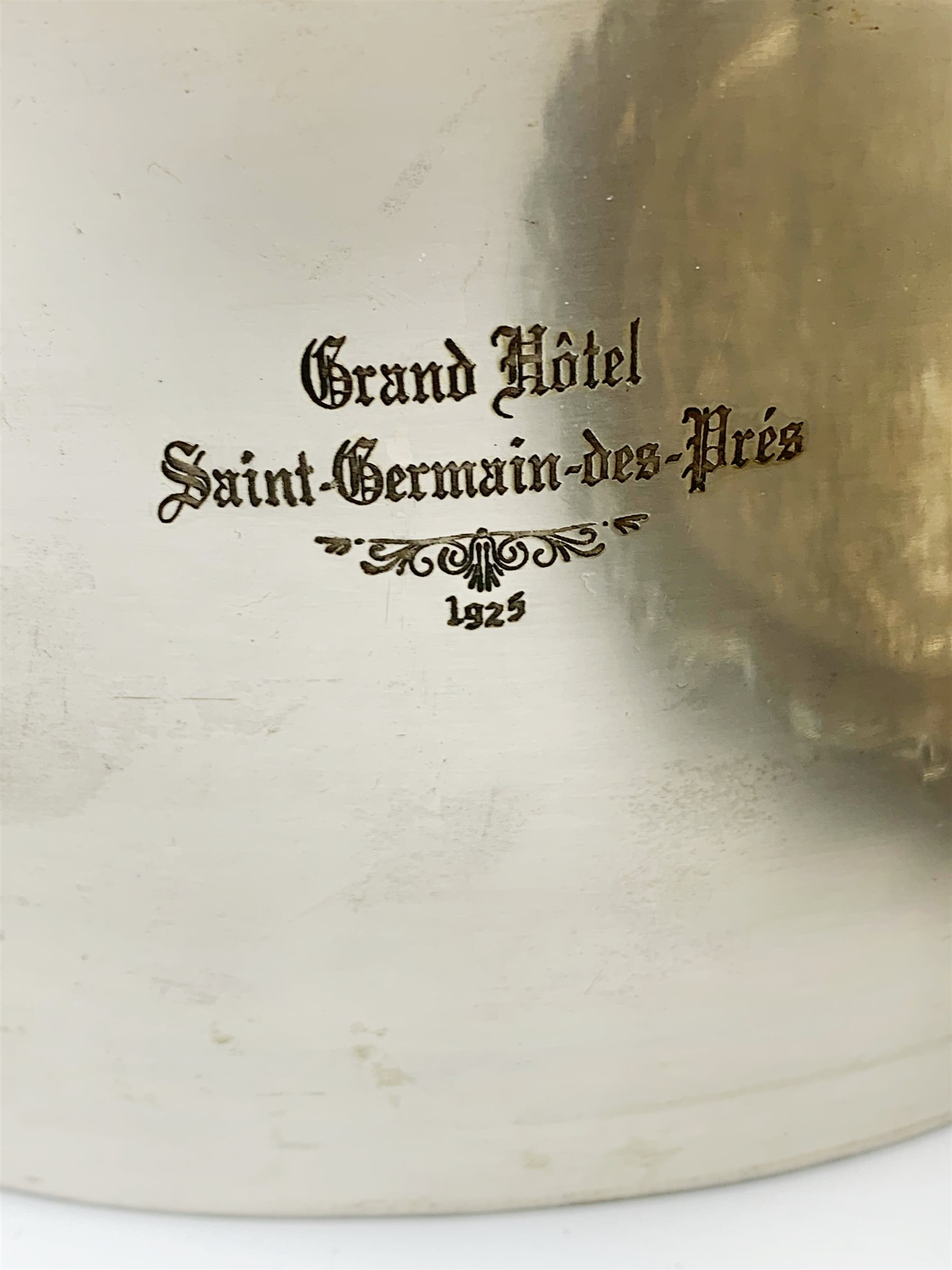 A twin handled twin bottle wine cooler, marked to front and back Grand Hotel Saint Germain-des-Pres 1925, excluding handles L32cm, together with a silver plated salver, D31.5cm. 