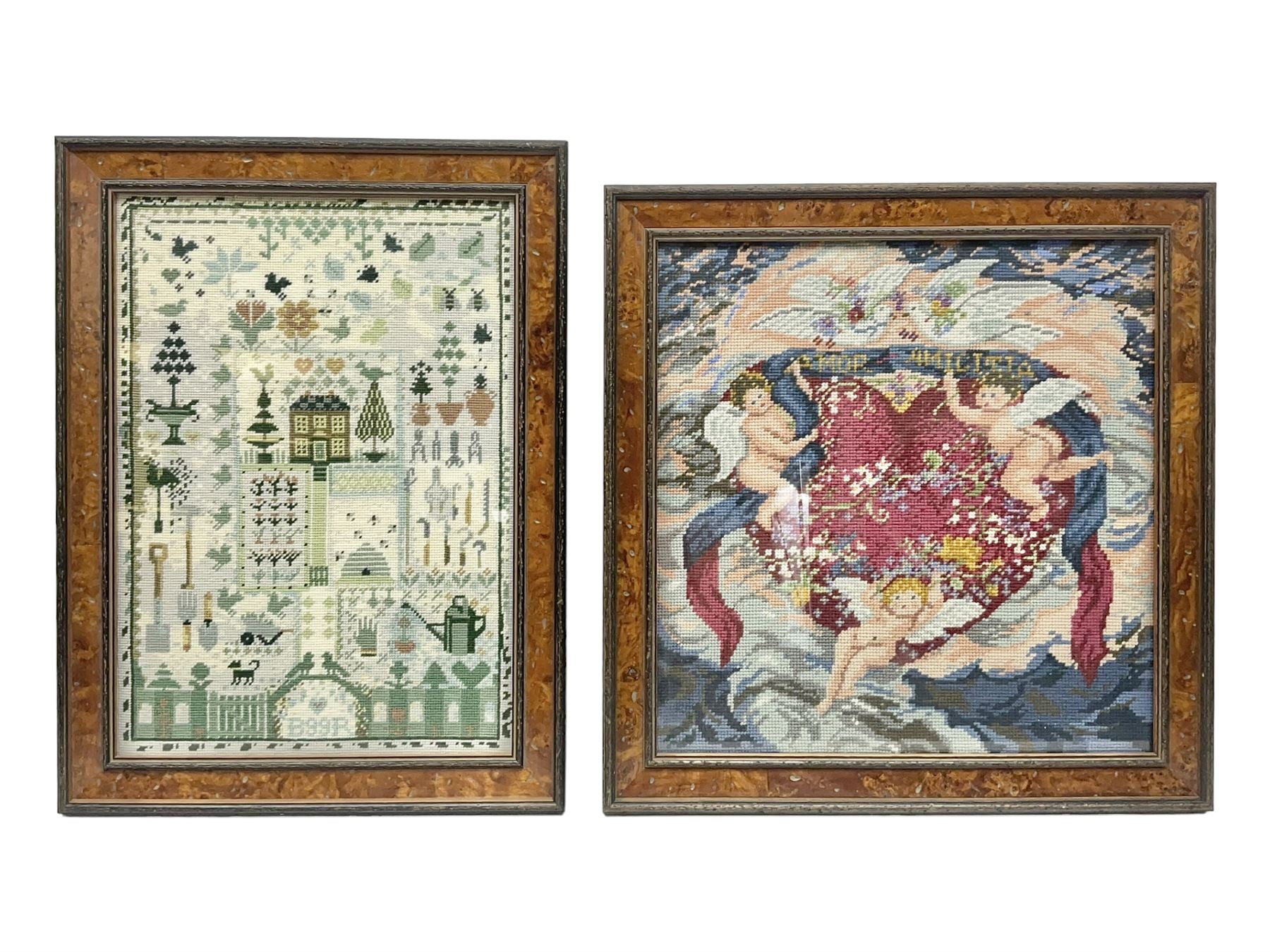 Two framed needlework samplers, the first example depicting a house and garden scene, the second cherubs