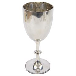 Victorian silver trophy cup, of goblet form, with plain bowl upon knopped stem and beaded ...