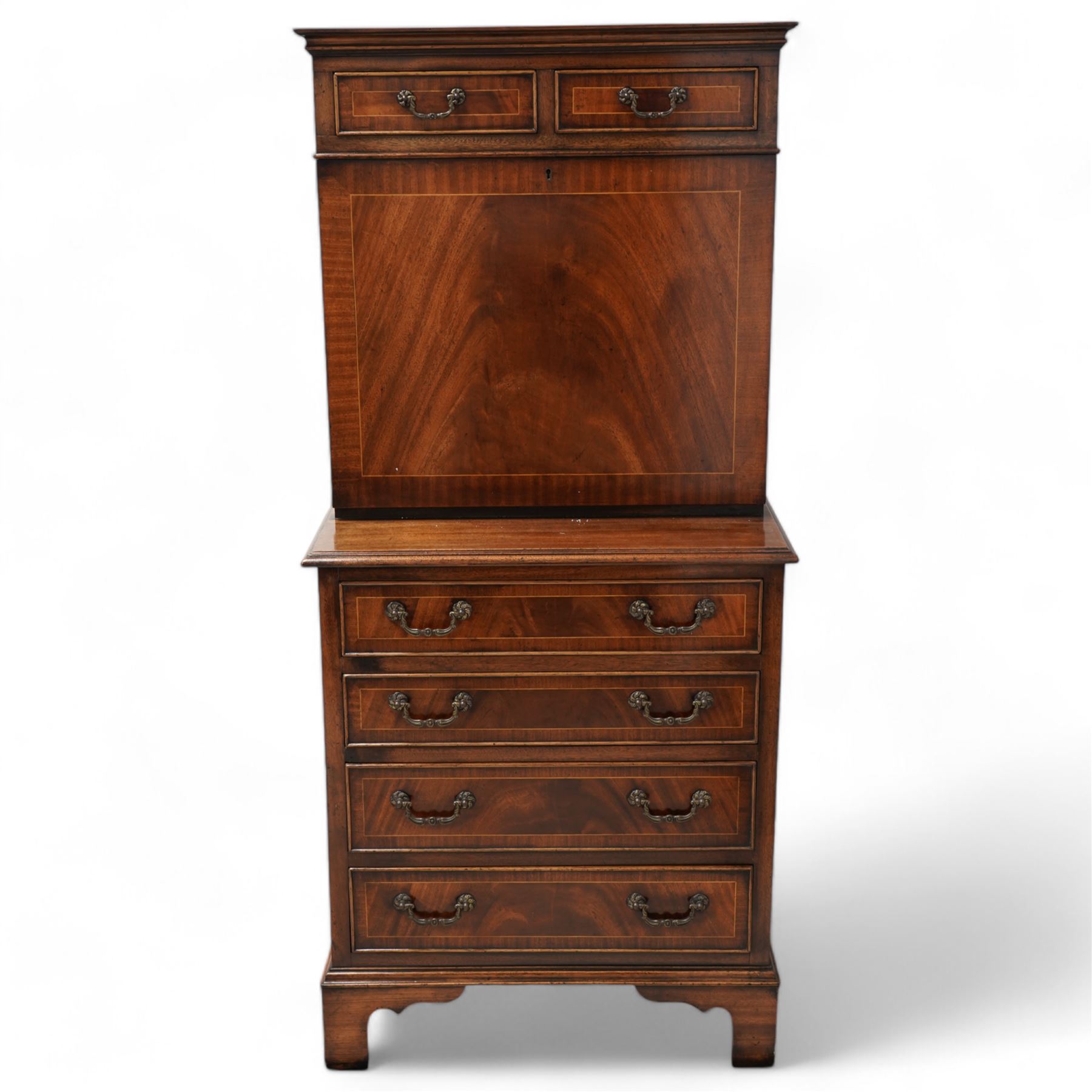 Georgian design inlaid mahogany secretaire writing chest, two cock-beaded drawers over fall-front enclosing fitted interior, over four long drawers, lower moulded edge on bracket feet