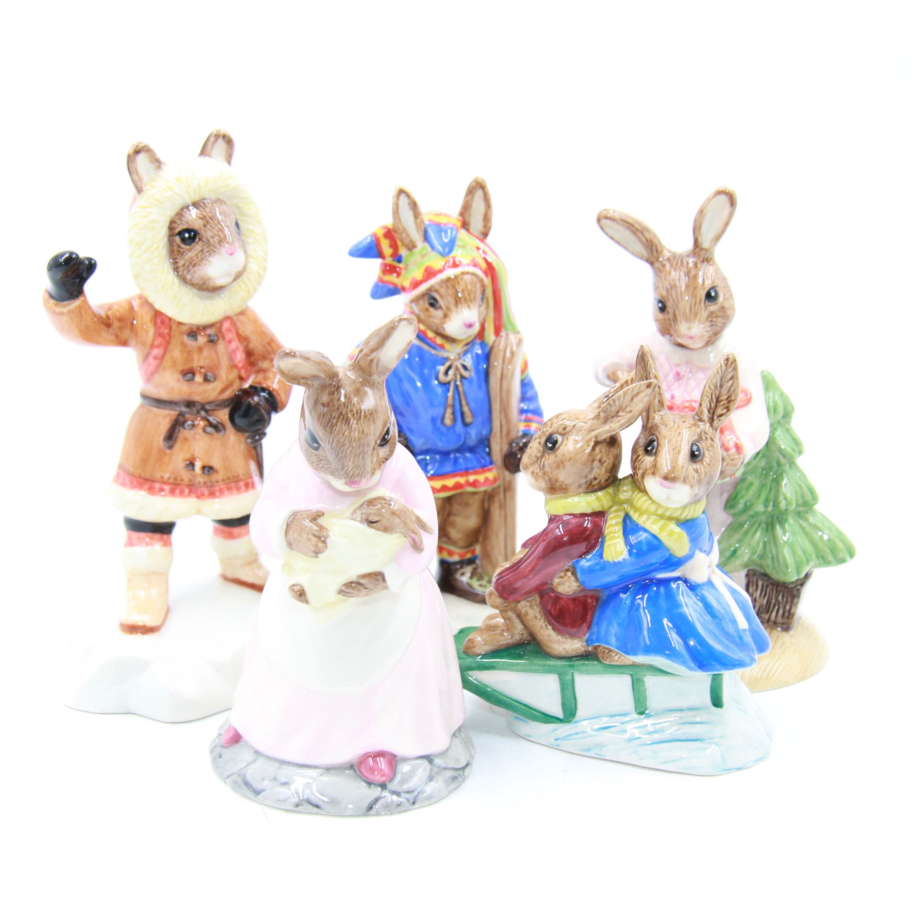 Five Royal Doulton Bunnykins figures, comprising Sleigh Ride, Eskimo, Winter Lapland, Christmas Morning, Mother and Baby, five boxes 