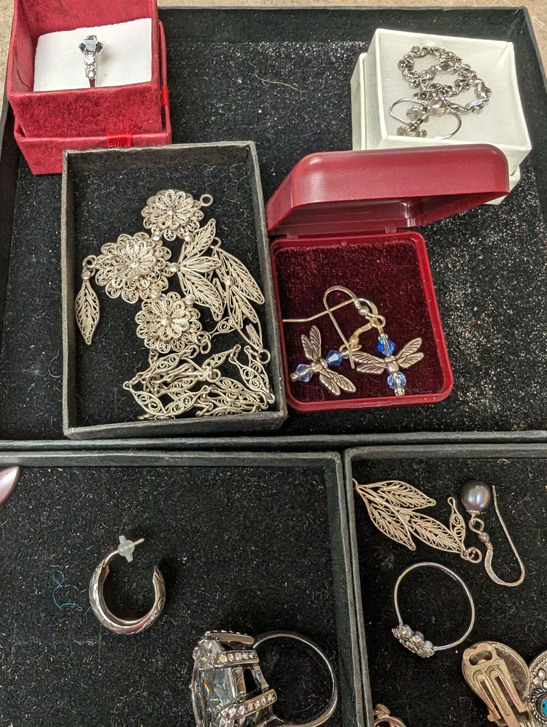 Silver and costume jewellery, including earrings, rings, brooches, etc