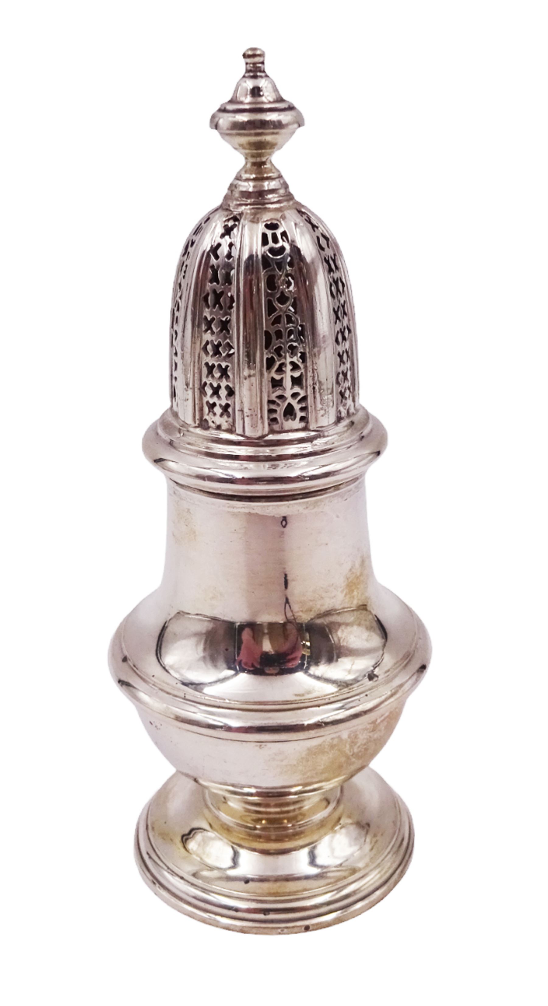 Mid 20th century silver sugar caster, of typical waisted form with removable pierced cap and urn finial, hallmarked William Comyns & Sons Ltd, London 1961, H14cm