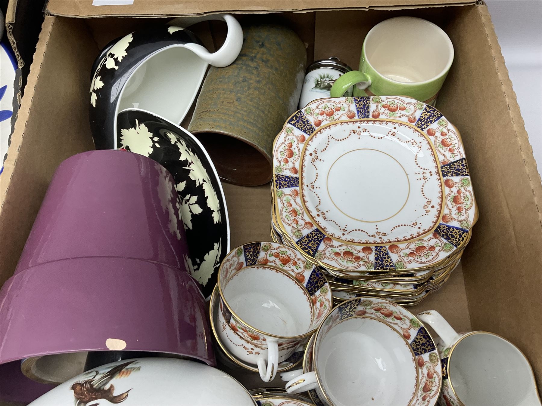 Four large meat platters, Royal Worcester Bunnykins mug and a large collection of other ceramics, including vases, dinner plates, teawares, etc, in five boxes 